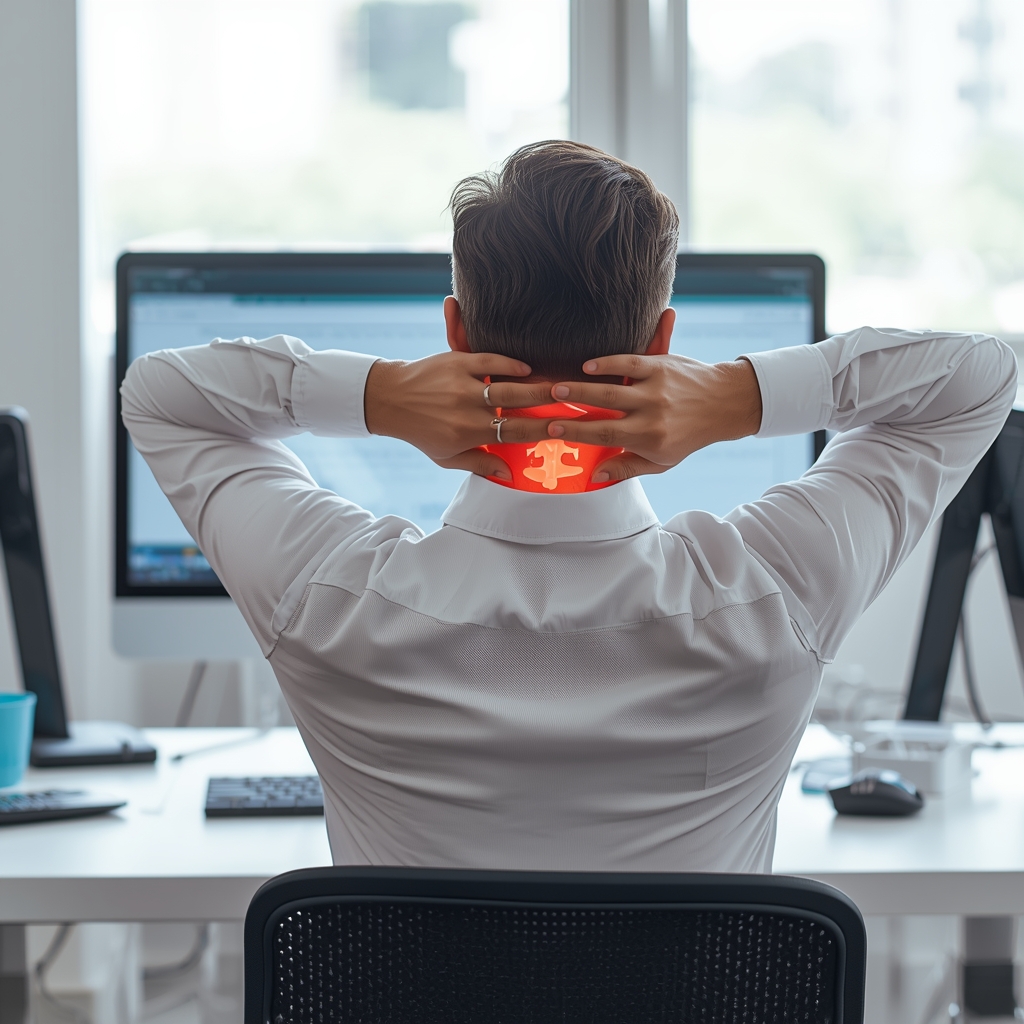 What Specific Exercises Can Alleviate Tech Neck Symptoms in Office Workers?