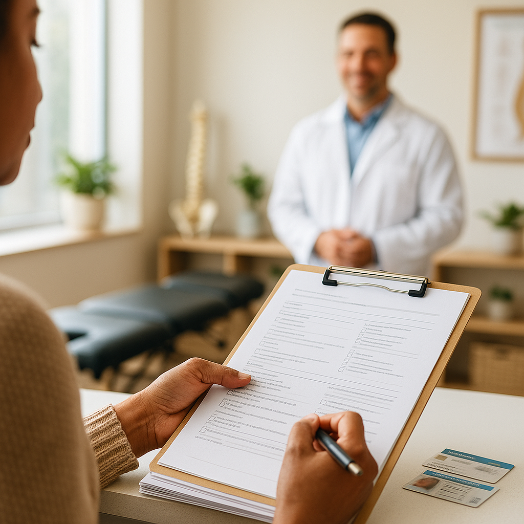 What are the forms required at a first chiropractic visit?