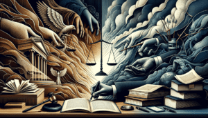 Allegorical clash of knowledge and war: books, quills, and scales split between a calm scholarly side and a blue, armored battle scene.
