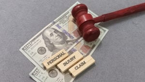 Gavel resting on scattered $100 bills with wooden blocks reading Personal Injury Claim, implying a settlement or legal claim.