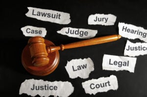 How Civil Claims Differ From Criminal Cases After Serious Harm - Chiropractors.media Gavel amid torn paper labels of legal terms like lawsuit, judge, court, and justice, illustrating the justice system concept