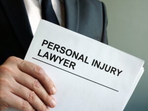 Close-up of a person in a suit holding a document labeled Personal Injury Lawyer.