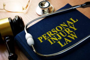 Close-up of a blue 'Personal Injury Law' book on a desk, with a stethoscope, gavel, and glasses nearby.